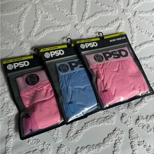 PSD Men’s XS 7 inch inseam underwear. Three pair - two pink and one blue. New.